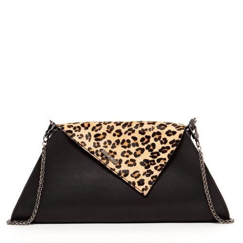 Black Leather Clutch Bag Leopard Unique Evening Purse Women&